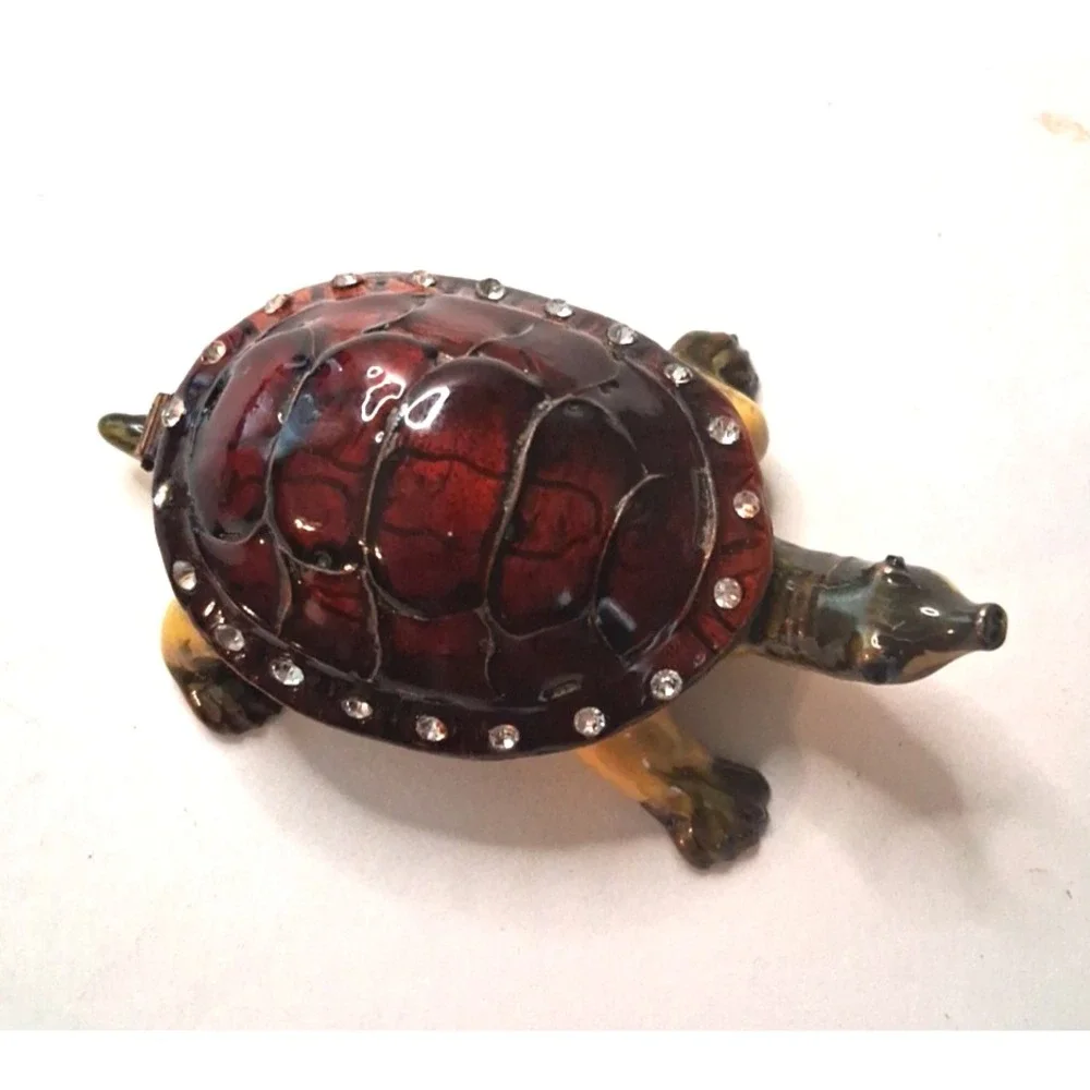 Metal Brass Enameled Turtle Trinket Box with Rhinestones Hinged Shell Lid Nice!